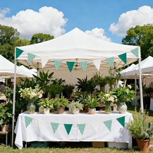 G2PLUS Green and White Gingham Fabric Bunting Banner, 32Ft Cotton Burlap Triangle Garland for Xmas, Wedding Décor, Birthday, Picnic, BBQ, Golf Party & Outdoor Celebrations