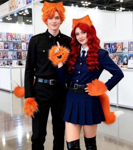 Cat Ears and Tail,Wolf Fox Ears Long Tail and Bell Lace Choker Set for Halloween,Animal Cosplay Party Costume