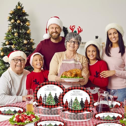 50Pcs Christmas Buffalo Plaid Tree Oval Plates 11 Inch Red and Black Checkered Party Supplies Merry Christmas Disposable Dinnerware Plates Xmas Serving Tray for Winter Holiday Party Decorations