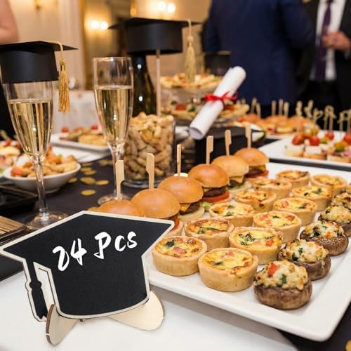 Eaasty 24 Pcs Mini Chalkboard Signs Party Food Labels for Party Buffet with Stand 2 Pen Small Erasable Reusable Wooden Blackboard for Table Setting Name Decorations(Grad Cap)
