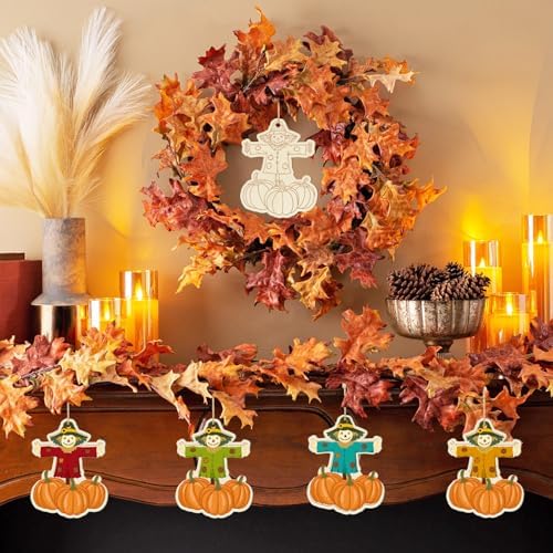 Wooden Fall Ornaments to Paint Halloween Thanksgiving Decoration Cutouts Unfinished 24PCS, DIY Blank Unfinished Maple Leaf Wood Discs Ornament for Home Harvest Crafts Hanging Autumn Decorations