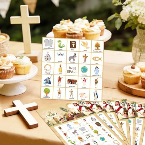 Bible Bingo Game, 38pcs Biblical Party Favors Set Including Bible School Bingo Cards for Religious Party Decorations Biblical Party Decorations