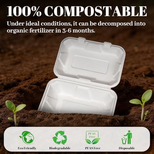 Lucklot 50 Pack 9×6 Inch White Compostable Bagasse Take Out Food Containers