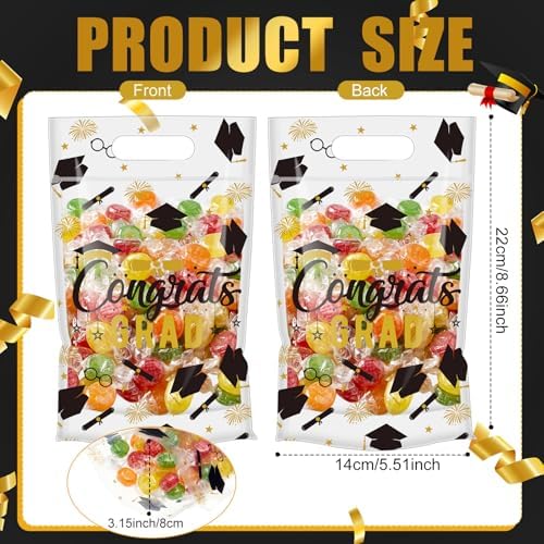 Engrowtic 100 Pcs Graduation Treat Bags Resealable 2026 Congrats Grad Gift Bags Black and Gold Plastic Snack Goodie Pouches with Handles for Graduation Party Favors Supplies
