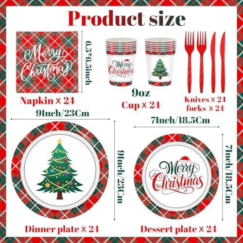 Christmas Plates and Napkins Party Decoration Serve 24, Red Green Merry Christmas Tree Buffalo Plaid Tableware Disposable Paper Plates,Napkins,Cups,Forks,Knives for Xmas Holiday Supplies Decor