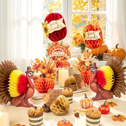SUNBEAUTY Fall Thanksgiving Decorations, Thanksgiving Table Centerpieces, Honeycomb Turkey Centerpieces Fall Pumpkin Hanging Decor for Autumn Classroom Festival Home Office Table Decor