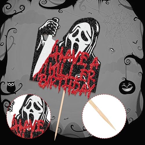 1 PCS Have a Killer Birthday Cake Topper Assembled Glitter Horror Classic Halloween Cake Pick for Bloody Horror Movie Theme Birthday Halloween Party Cake Decorations Supplies