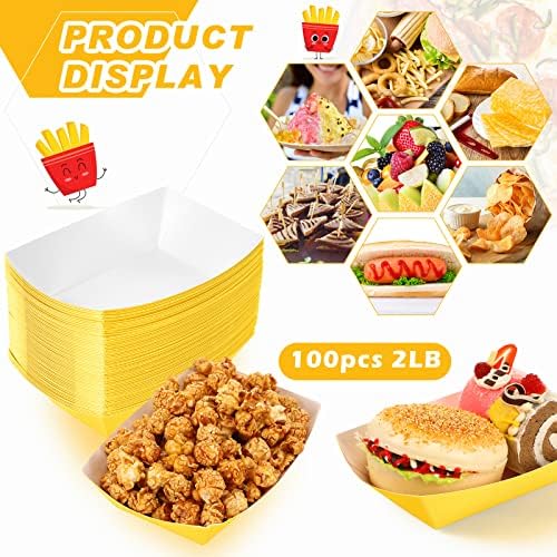 Yinkin 100 Pcs 2lb Paper Food Trays Boat Nacho Boats for Hot Dogs, Yellow