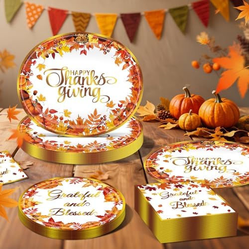 100PCS Thanksgiving Paper Plates and Napkins Set- (25 Guests)