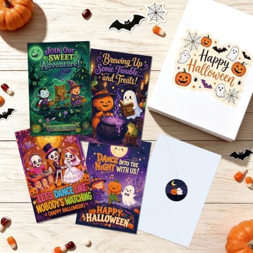 FLYAB 24 Pack Boxed Halloween Cards for Kids with Envelopes & Stickers