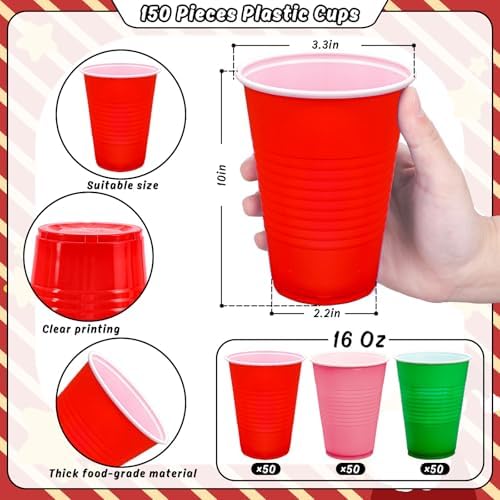 JarThenaAMCS 150Pcs Christmas Plastic Cups 16Oz Red Pink Green Disposable Drinking Cup Stackable Party Cups for Xmas Indoor Outdoor Event Supplies