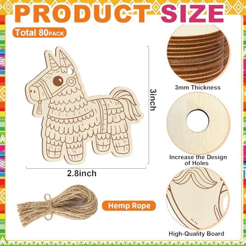 80PCS Wooden Cinco De Mayo Crafts Decorations Mexico Crafts for Kids Fiesta Party Ornaments to Paint, 10 Styles DIY Blank Unfinished Cutouts for Tree Hanging Mexican Theme Carnival Taco Birthday Party