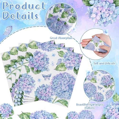 Natnarr 100 Pcs Hydrangea Napkins, 5" Blue Hydrangea Flower Cocktail Napkin