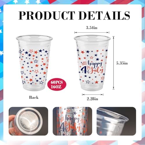 60Pcs 4th of July Cups,16OZ Patriotic Plastic Cups