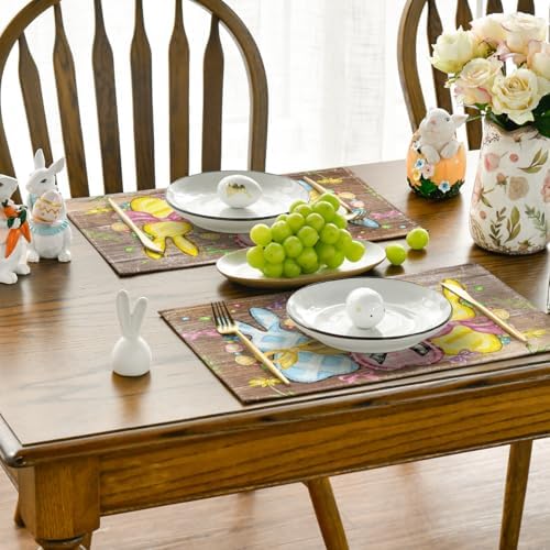 Artoid Mode Wood Bunny Rabbits Eggs Easter Placemats Set of 4, 12x18 Inch Floral Bow Seasonal Spring Holiday Table Mats for Party Kitchen Dining Decoration