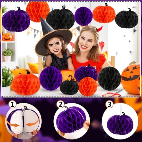 15Pcs Halloween Honeycomb Hanging Decorations Orange Purple Black