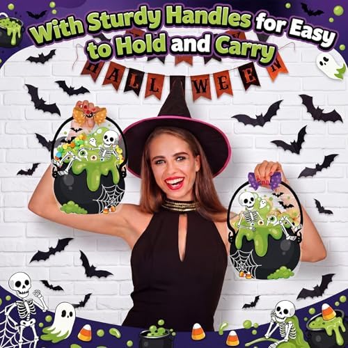 Fuutreo 25 Pcs Halloween Treat Bags with Handles, Skeleton Plastic