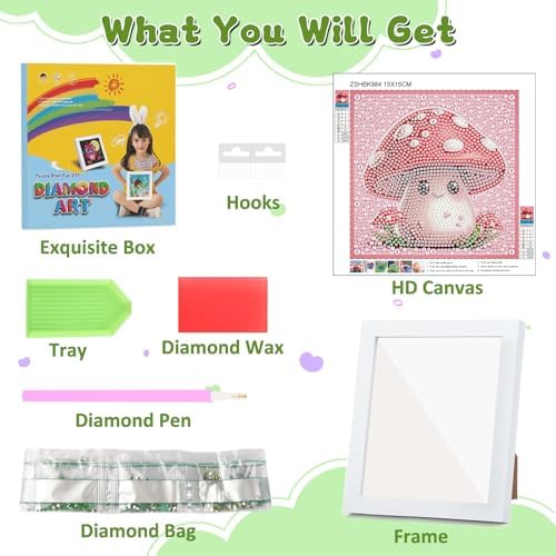 Mushroom Diamond Art Kits for Kids with Frame, Cartoon Diamond Painting Kits for Kids Ages 4-8-12, Easy Diamonds Gem Art Crafts Gift for Girls Boys, Beautiful Package for and Home Wall Decor(7x7inch)