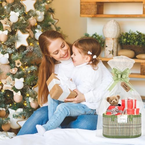 SelfTek 3 Pack Baskets for Gifts Empty, Woven Bamboo G-ift Basket Kit with Wrap Bags, Gift Card, Raffia and Pull Bows, Gifts Baskets for Birthday, Wedding, 30 x 20 x 15 cm - Green