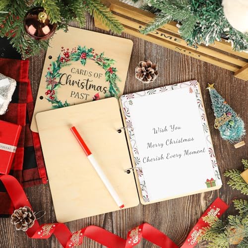 Wooden Christmas Card Organizer Merry Christmas Greeting Card Holder Xmas Holiday Post Cards Keeper Wood Memories Book or Binder for Storage Keepsake Album Photo Notes Gift Winter Past