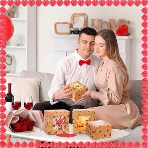 LemonRoad 24 Pcs Mother's Day Kraft Cookie Boxes with Window 4x4x2.5 Inches Heart Love Treat Boxes Cupcake Containers for Candy Pastries Doughnut Brownies Truffles Gift Wrap Wedding Party Supplies