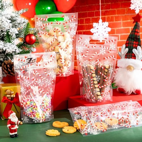Engrowtic 100 Pcs Christmas Treat Bags Resealable Christmas Zipper Bags Candy Cane Plastic Gift Bag Holiday Bag with Handles for Xmas Party Favor Wrapping Supplies