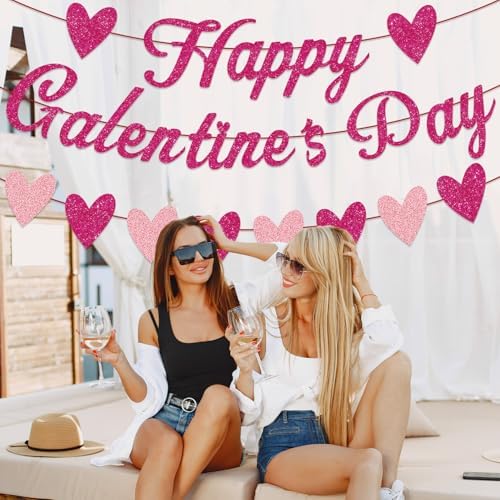 Galentine's Day Decorations Kit - Happy Galentine's Day Banner & Heart Glitter Banners Set, Pre-Strung No DIY, Romantic Decor for Girls Night Party, Valentine's Day, Friendship Celebration