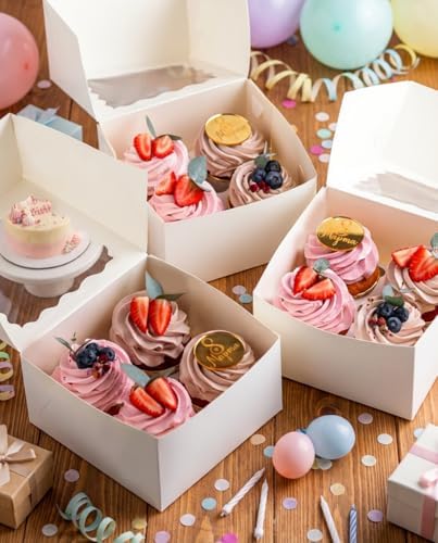 qiqee Auto-pop Up Cupcake Boxes with Window White 100PCS 4 Count Cupcake Box 6.3"x6.3"x3" Cupcakes Carrier, 4 Cupcake Containers