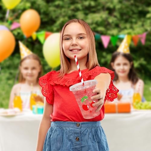 Whaline 50 Pcs 12 Oz Cherry Disposable Plastic Cups with Lids and Straws Cute Red Cherry Cold Beverage Drinking Cups Summer Cherries Party Cup for Bridal Engagement Birthday Baby Shower Party Supplies