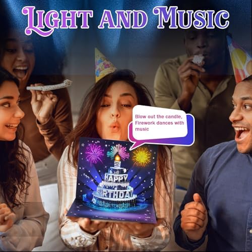 APOTODITO Musical Birthday Cards, 3D Pop Up Card with Music and Light, Firework Birthday Cards with Interactive Blowable Candle, Gift for Her Him Mom Grandma Wife Husband (Blue and Silver)