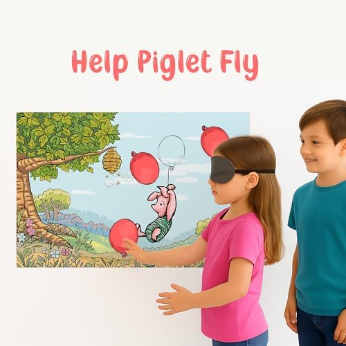 Winnie Help Piglet Fly Fun Party Game for Pooh Baby Shower Birthday Decorations, Pin The Balloon on Piglet Poster with 20 Balloon Stickers and Blind Fold.