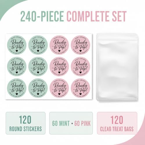 Ready to Pop Baby Shower Favor Bags, 120 Stickers and 120 Clear Treat Bags, 1.6 Inch Blush Pink and Sage Green Popcorn Labels for Boho Baby Shower Decorations
