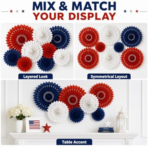 Red White Blue Hanging Honeycomb Round Paper Fans Decoration Patriotic Theme Tissue Paper Fan Garland for Shower Birthday Graduation Wedding Party Supplies 11 Count