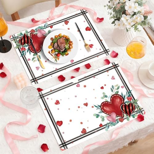 6 Set Valentine's Day Placemats, 11x16 Inch Heart Eucalyptus Leaves Branches Plastic Placemats Red Heart Branches Spring Holiday Table Mats for Wedding Party Festival Decor