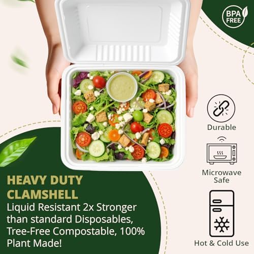 100% Compostable Clamshell Take Out Food Containers 8X8" 50-Pack Heavy-Duty Quality to go Containers, Natural Disposable Bagasse, Eco-Friendly Biodegradable Made of Sugar Cane Fibers