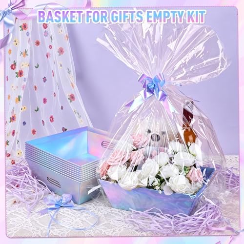 6PACK LaserBaskets For Gifts Empty, 10 x 8” bThick Kraft Gift Basket with 6Bows 6Bags Empty Gift Baskets for Christmas