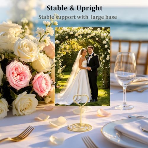 20PCS Mini Table Number Holders, Heart Shaped Place Card Holder, Premium Photo Holders for Tables, Table Sign Holders Card Stands Menu Clips for Wedding Valentine's Day Table Decor, Gold