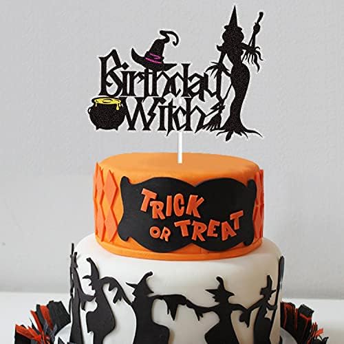 Birthday Witch Happy Halloween Cake Topper Black Glitter Wizard Witch Cat Grave Witch Decor Halloween Birthday Party Decoration Supplies For Girl Women