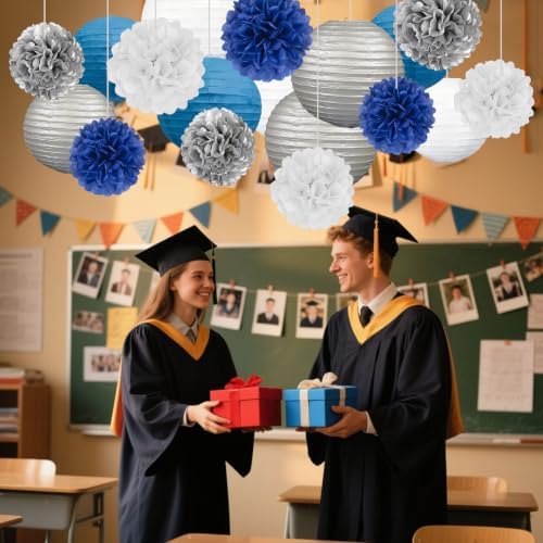 18 PCS Blue White Silver Paper Lanterns & Tissue Paper Pom Poms for Men's Birthday, Graduation 2026, Wedding, Hanging Paper Decor for Indoor Outdoor Events Theme Party Supplies