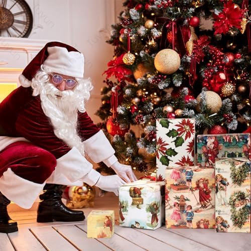 Vnaaem Vintage Christmas Wrapping Paper for Women Girls Boys Men - Retro Xmas Wrapping Paper for Winter Christmas Birthday Holiday - 20 X 28 Inches (6 Folded Sheet)