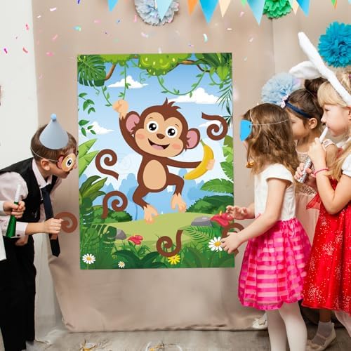 Hooqict Safari Animal Party Games for Kids Birthday Pin The Tail on The Monkey for Jungle Birthday Decorations Wild Zoo Party Supplies, Large Safari Pin The Games Poster with 36 Tail Stickers