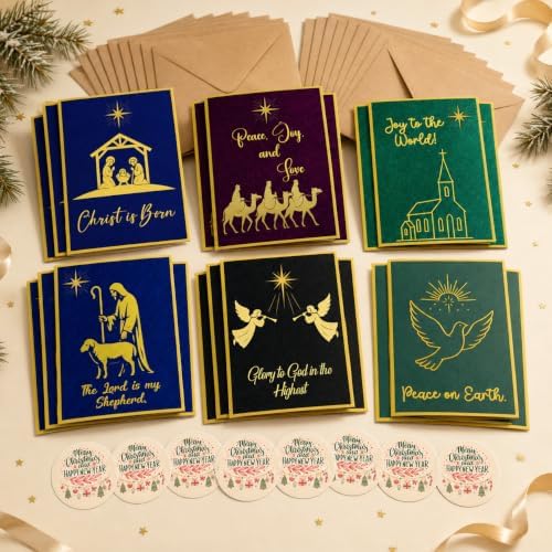 Religious Christmas Cards, 18 Folded 5x7 Glitter Cards with Envelopes