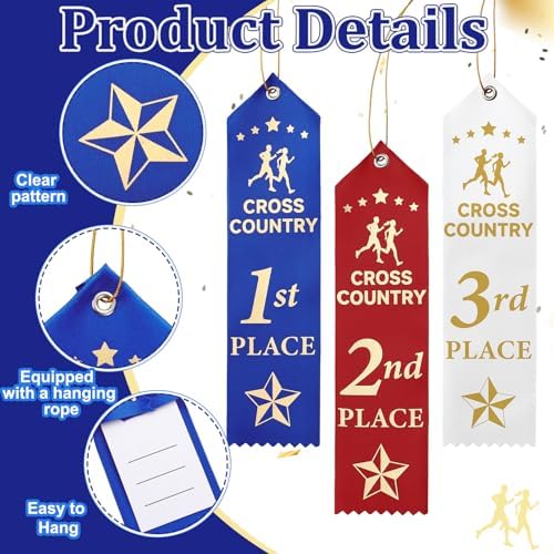 Thiccywoov 90 Pcs Cross County Ribbons for 1st, 2nd, 3rd Place, 8" x 2" Cross County Award Ribbons with Event Card and String for Sports Event, Competition Prize Gift, Contest Ornaments