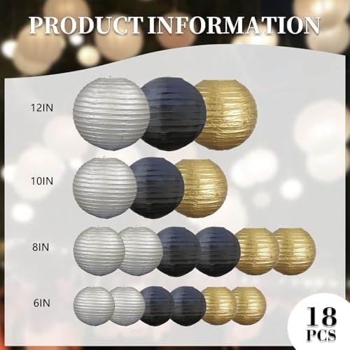 18Pcs Black Gold Silver Paper Lanterns for Parties, 6” 8” 10” 12” Chinese Asian Hanging Round Paper Lanterns for Birthday Wedding Graduation Home Decor Party Decor