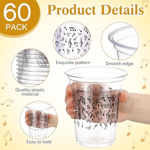 Funnymoom 60 Pack Music Notes Plastic Cups for Party Decorations, 12 oz