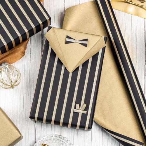 MAYPLUSS Black Wrapping Paper Roll, 17IN x 16.5FT Reversible Gold gift Wrap