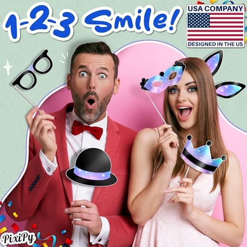 Premium Birthday Wedding Graduation Photo Booth Props Kit - 16 pc - Black & Purple - Durable & Easy-to-Use Photobooth Props Signs for Memorable Photos - Party Supply Decorations - by PixiPy
