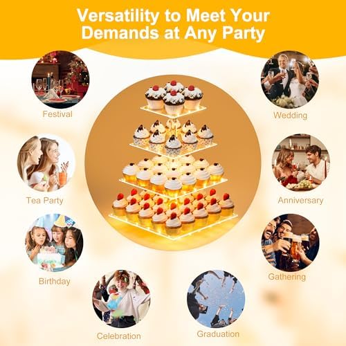YestBuy Cupcake Stand with Yellow LED Lights, 4 Tier Cupcake Stand for 50 Cupcakes, Acrylic Cupcake Tower Stand, Clear Tiered Cupcake Holder for Birthday Candy Bar Décor Weddings, Parties Events