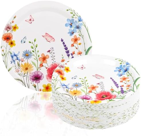 FOIMAS 50pcs Wildflower Paper Plates,7 Inch Spring Floral Disposable Plates Tableware Plate for Spring Summer Birthday Baby Shower Picnic Party Supply