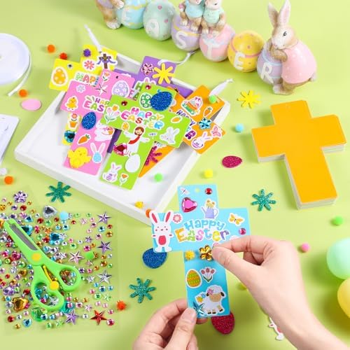 Funrous 48 Sets Crafts Kit Paper Crafts DIY Make Your Own Hanging Ornaments with Pompoms Diamond Stickers for Holiday Classroom Activities Party Favors, Easter Cross